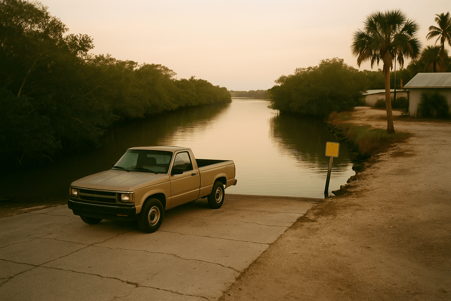 An empty pickup truck parked alone at a concrete boat ramp at first light.