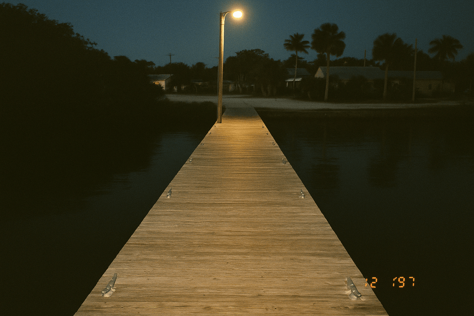 The far end of a long empty dock at night, one pole light and darkness past it.
