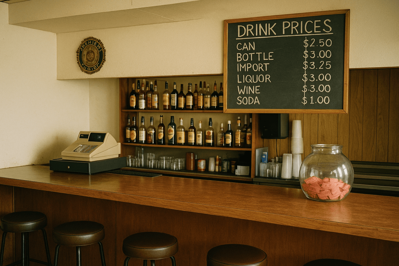 The bar of a small American Legion post: a register, a raffle jar, stools, nobody serving.