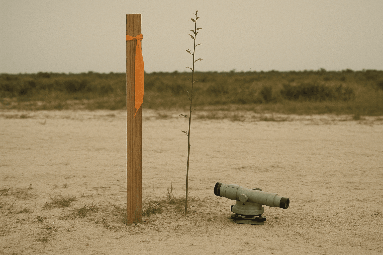 A 1974 scene photograph at a citrus-grove boundary, a survey stake and flagging tape.