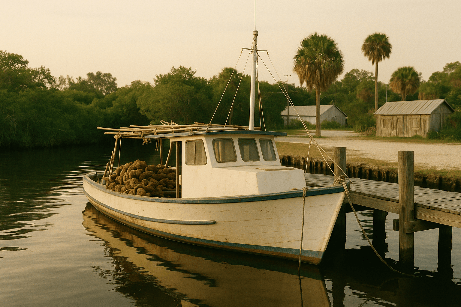 A work-worn Gulf-coast sponge boat tied to a weathered finger pier in flat evening light.