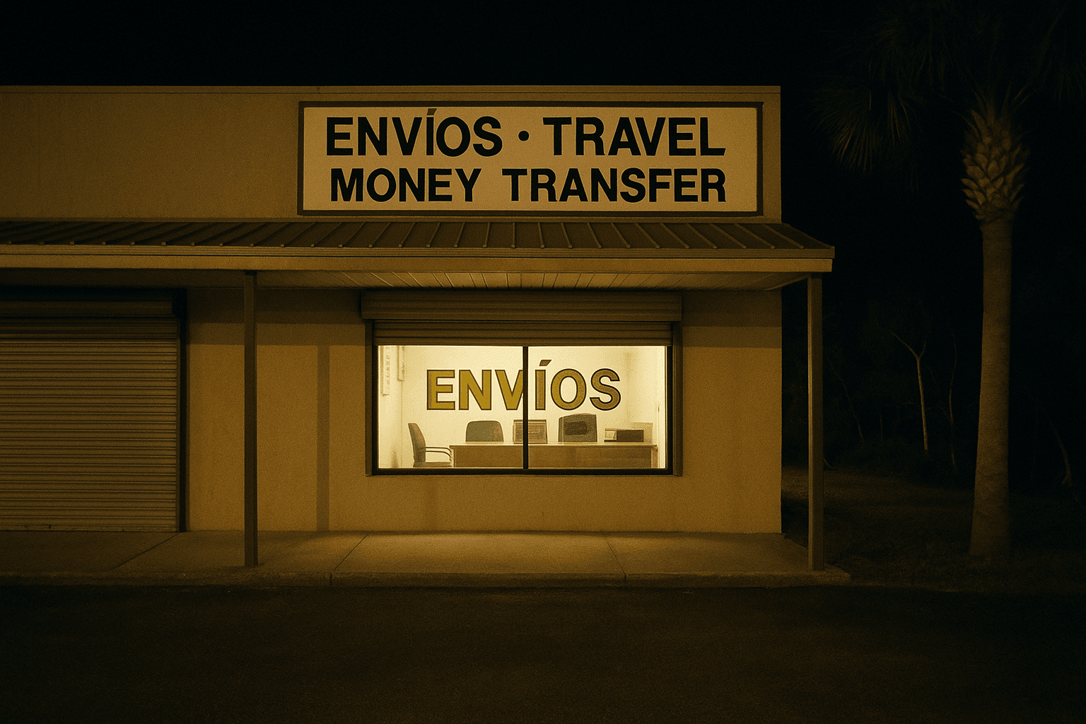 A strip-mall money-transfer storefront at night, roll shutter half down, the lot empty.