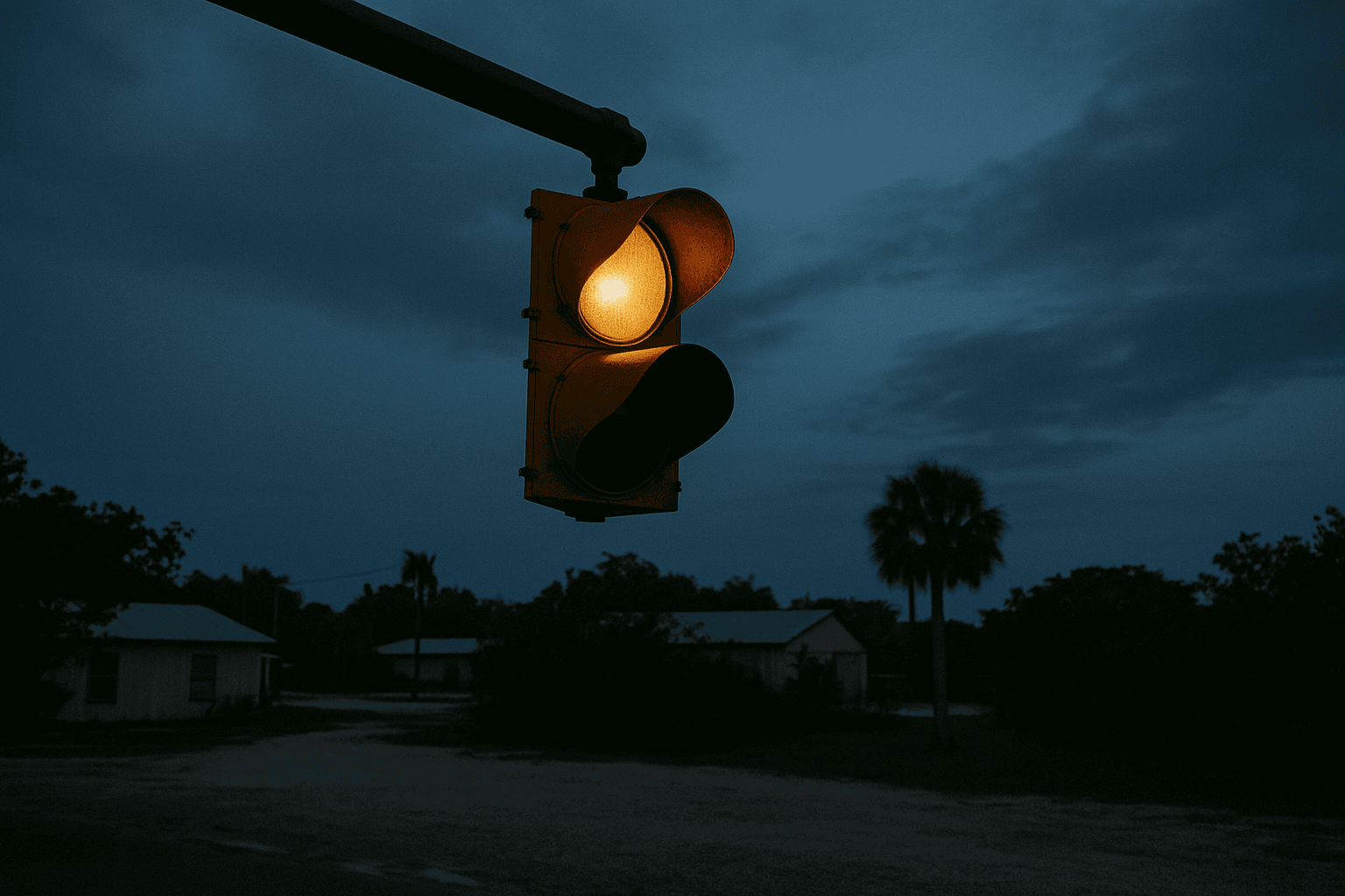 A single overhead traffic signal on a mast arm against a deep dusk sky, one lens lit.